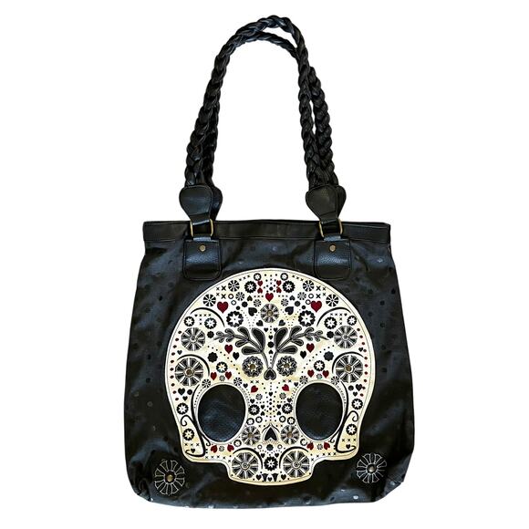 Loungefly Y2K Studded Sugar Skull Polka-Dot Black Canvas Faux Leather Tote Bag - Picture 1 of 10